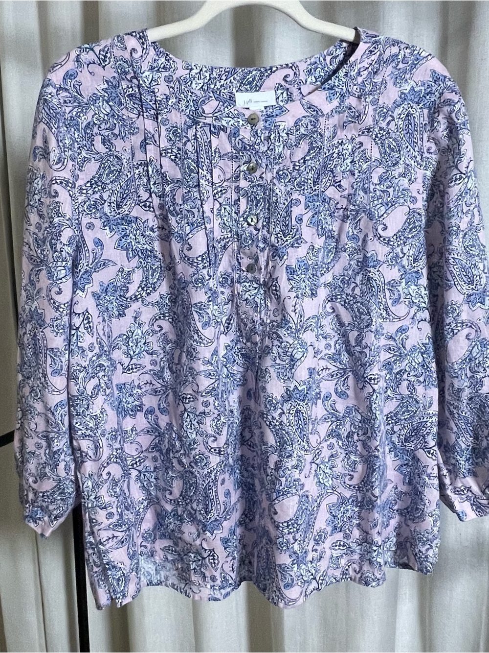 J Jill Linen Light Lavender Paisley Henley Shirt